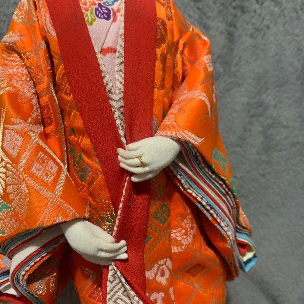 Vintage Japanese Geisha Doll Orange Silk Brocade Kimono Tatami Base 17 Inch
